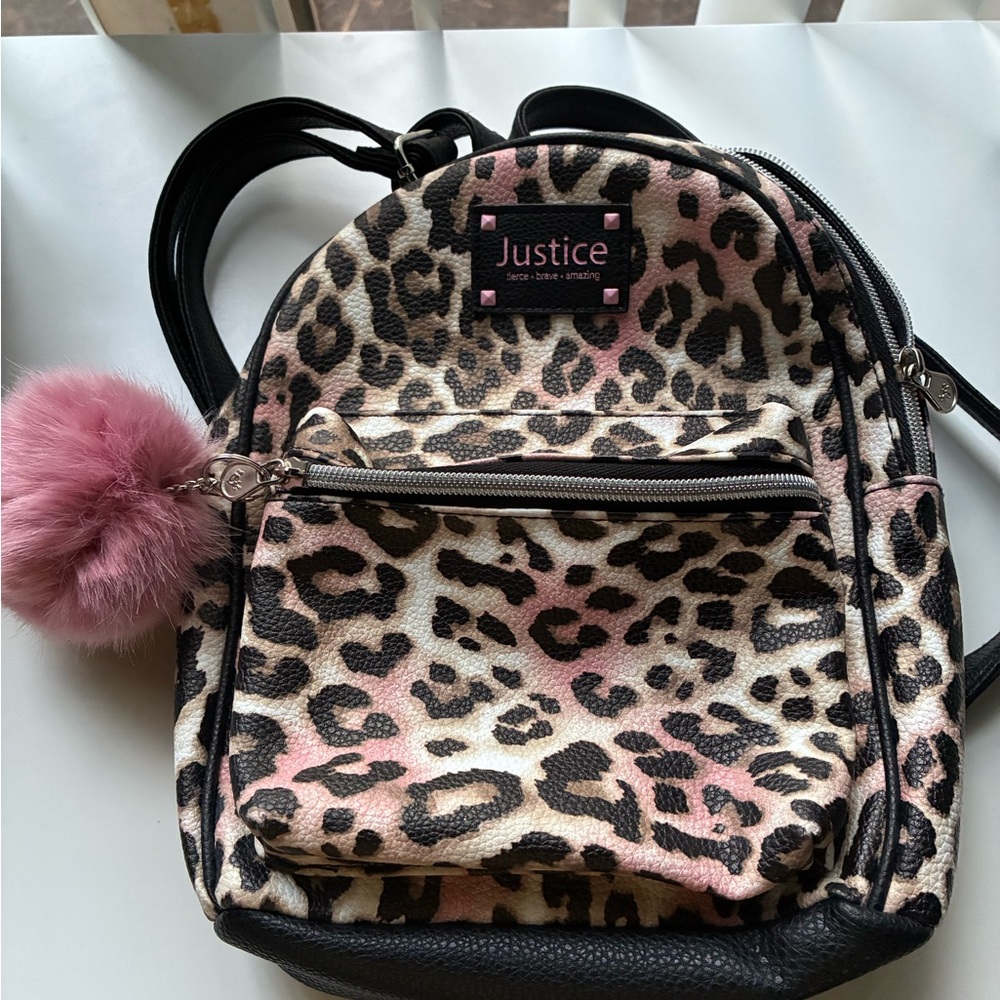 Justice Pink/Black/White Animal Print w/Pom Pom Backpack Faux Fur